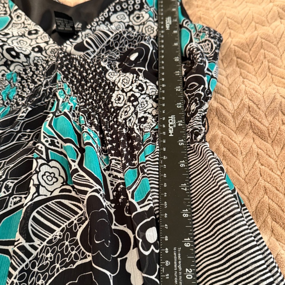 Biyaycda Teal Black Floral Patchwork Smocked Waist Midi Dress Women's 12 Resort - Picture 6 of 9